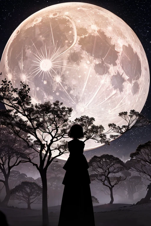 Highest quality,Big moon and shadow,A silhouette of a person can be seen against the backdrop of a large moon.,There is one full moon,There is a mood,Beautiful scenery,Starry Sky