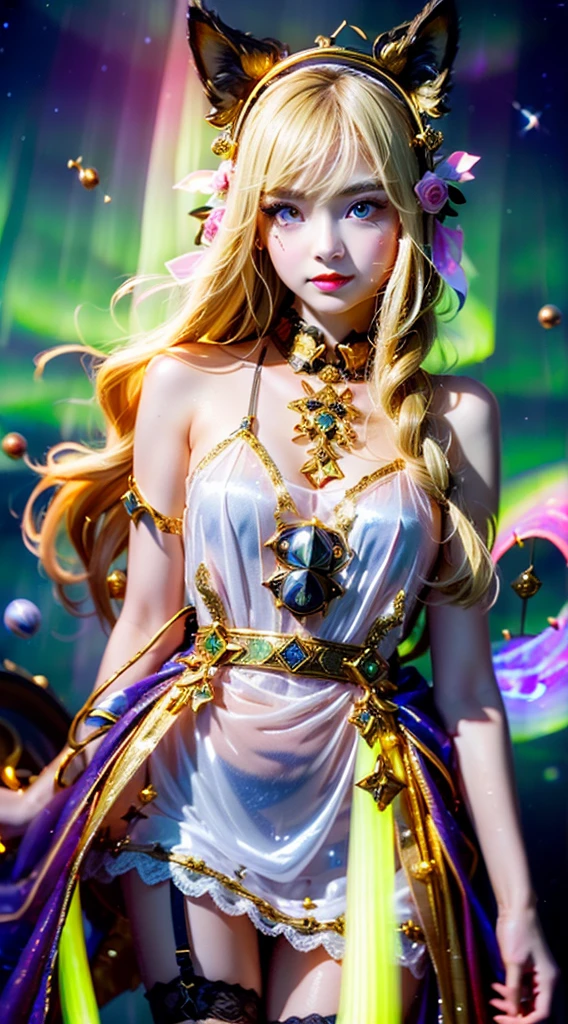 Fox Ears, very cute, Blonde Hair, Big smile, One girl, 1. Goddess Athena, The beautiful, flawless face of the goddess Athena, delicate yellow nightgown, Lots of sexy black lace detailing、Long sheer sequined nightgown, A beautiful pale red silk half veil, Legends of female saints, Icons of female saints, Beautiful goddess-like glitter, Dark and mysterious version, Vermilion lips, Plump red lips, ((口をclose:0.9)), Complete teeth, Symmetrical incisors, Bright white teeth, ((Angry face:0.8)), delicate and beautiful pino detailing, delicate and beautiful lip detail, (Pure and perfect face: 1.9), Female Eucharist, Round Breasts, 大きくてRound Breasts, Phoenix Brooch, Long, flat bangs, Long black hair, Beautiful, clear face and well-proportioned eyes, (Pale pink eyes with transparent irises: 1.8), (Big round eyes and makeup, Sexy wet eye makeup, So beautiful、Careful hair and makeup, long and delicate blonde hair, delicate, Body image: 1.8), shape: Brilliant and, (The stars that make up the sky々: 1.7), (The Gate of Heaven and Imaginary Time and Space: 1.8), Imaginary art, RAW Photos, hanfu pictures, Best Photos, High resolution, 最high quality, Best Photos, Best Goddess Quality, 8k female, Super 8 Single Saint Portrait, The most true color scheme, masterpiece, Best Beauty Brands, Best Hair Jewelry, Brand real photo, Dark studio, Border Light, Two-tone lighting, (Rosy white skin: 1.4), (High skin detail: 1.1), 8k uhd, SLR, Soft Light, 8k, high quality, Frank, Smooth and sharp volume, 10x more pixels, Sexy Goddess, Sexy Goddess, (Background Space: 1.8), (The most beautiful aurora eye: 1.7), Beautiful Eyes, The aurora is beautiful and flower-like, (Beautiful single women: 1.8), (see here:0.8), close, Approaching the Goddess, Clear and unrealistic