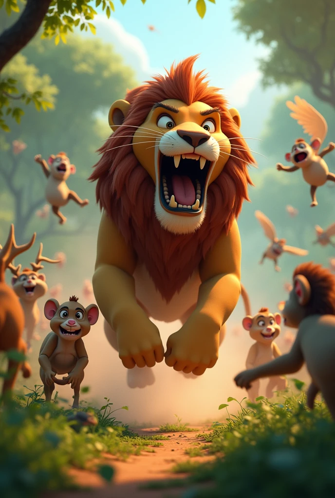 Cartoon style 3d image "The Lion’s Mighty Roar**: Raja, the cartoon lion, stands tall and lets out a powerful, loud roar. His roar s in the Jungle**: The jungle is filled with joy as the animals celebrate Raja's bravery. Raja, now looking proud and confident, stands at the center, surrounded by cheering animals like elephants, giraffes, and birds. Colorful banners hang from the trees, and the jungle is alive with happiness"