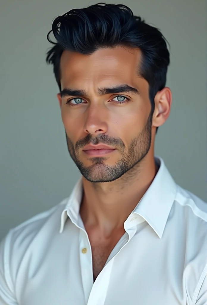 (professional man in stylish clothes), (no beard,) (blue eyes) (portrait) Handsome and serious appearance, dark blue hair, Elegant and elegant, and strong body very formal white shirt, (Picture realistic and high quality), ((Best quality, 8k, master piece).