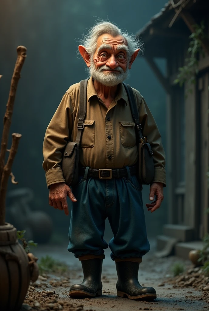 A Disney pixar dark black old man, wearing brown shirt, blue trousers black rain boots