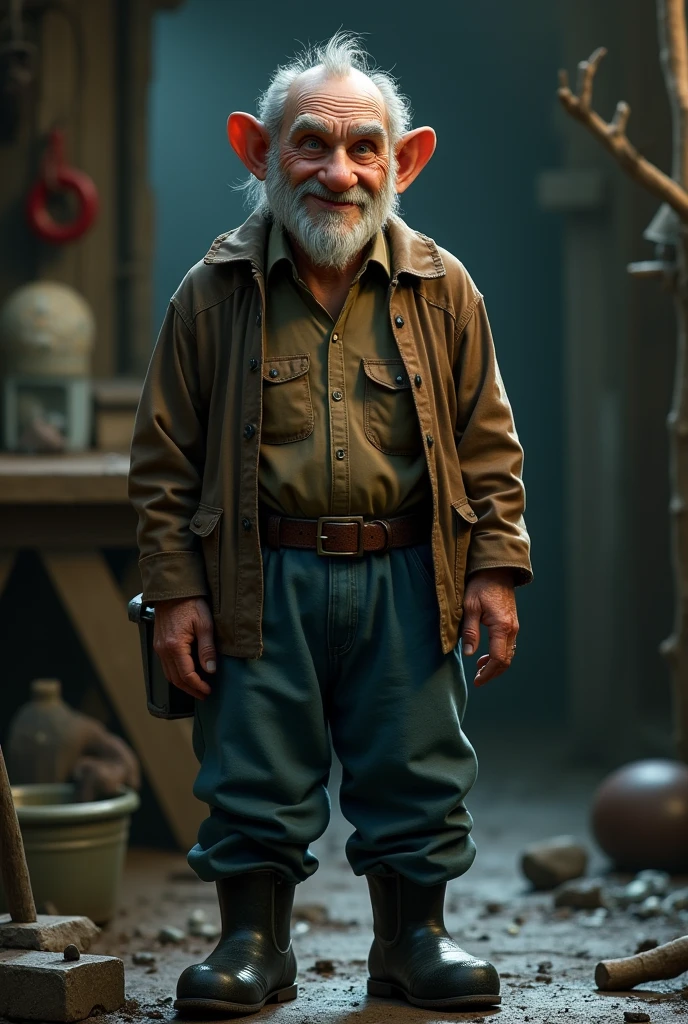 A Disney pixar dark black old man, wearing brown shirt, blue trousers black rain boots 