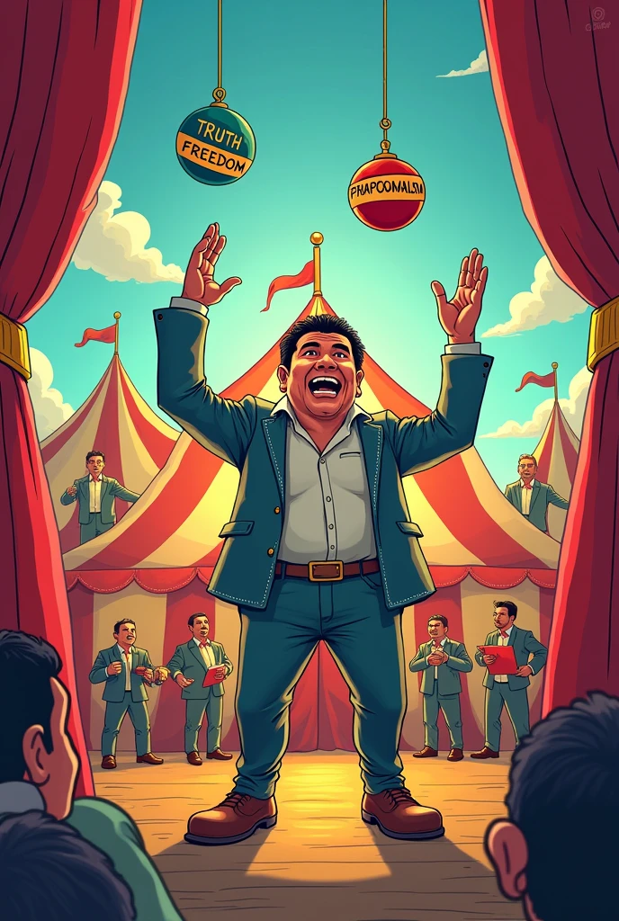 Imagine a cartoon where the Philippine media is depicted as a large, overburdened juggler in a circus tent. The juggler is balancing various objects labeled "Truth," "Freedom," "Sensationalism," "Propaganda," and "Public Interest." Some objects are falling or being dropped, while others are being precariously balanced. The audience, representing the public, looks both entertained and confused.