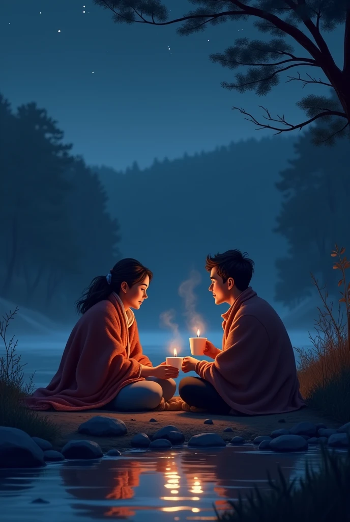 The view of a couple of friends (man and woman) sitting on the banks of the river, covered with a blanket during the cold night while sharing a coffee