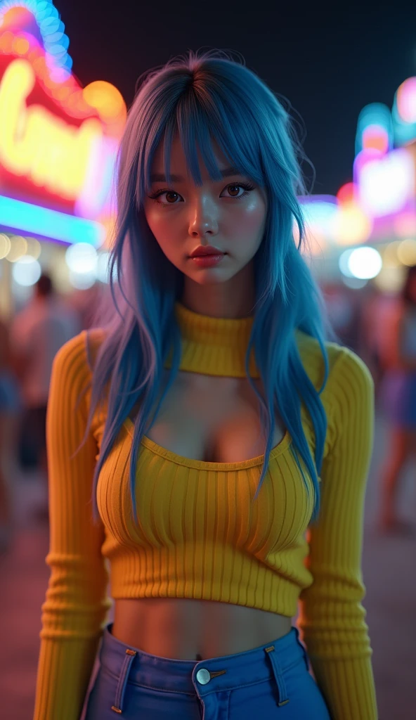 zPDXL2, close-up, portrait, beautiful girl (rainbow dye, BLUE hair:1.3), long hair, bangs, at a carnival at night, wearing a yellow sweater and blue pants, (score_9, score_8_up, score_7_up, score_6_up, score_5_up, score_4_up, high res, 64k)
Negative prompt: 3d, covered nipples, nsfw, cleavage, brunette, brown, teeth, muscular, (score_3_up, score_4_up, score_5_up, monochrome, vector art, blurry)
Steps: 40, CFG scale: 7, Sampler: DPM++ 2M, Seed: 70649309, VAE: sdxl_vae_0.9.safetensors, Size: 768x1152, Model: Kestral-PNY_by_Zovya_V0, Version: v1.9.3, Model hash: ec6546c95c, Hires upscale: 1.5, Schedule type: Karras, Hires upscaler: 4x_foolhardy_Remacri, Denoising strength: 0.5, Downcast alphas_cumprod: True