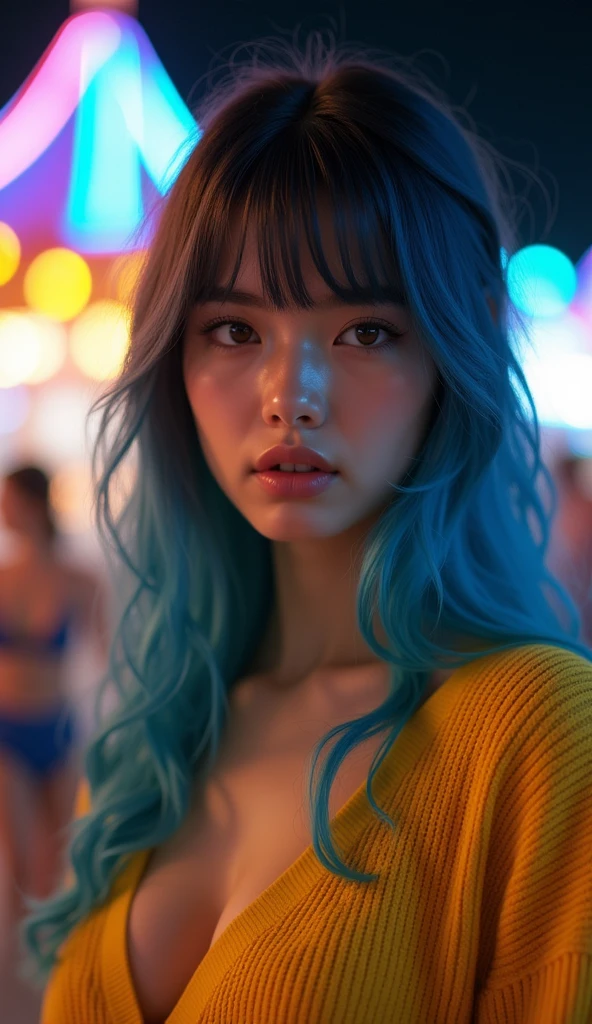 zPDXL2, close-up, portrait, beautiful girl (rainbow dye, BLUE hair:1.3), long hair, bangs, at a carnival at night, wearing a yellow sweater and blue pants, (score_9, score_8_up, score_7_up, score_6_up, score_5_up, score_4_up, high res, 64k)
Negative prompt: 3d, covered nipples, nsfw, cleavage, brunette, brown, teeth, muscular, (score_3_up, score_4_up, score_5_up, monochrome, vector art, blurry)
Steps: 40, CFG scale: 7, Sampler: DPM++ 2M, Seed: 70649309, VAE: sdxl_vae_0.9.safetensors, Size: 768x1152, Model: Kestral-PNY_by_Zovya_V0, Version: v1.9.3, Model hash: ec6546c95c, Hires upscale: 1.5, Schedule type: Karras, Hires upscaler: 4x_foolhardy_Remacri, Denoising strength: 0.5, Downcast alphas_cumprod: True