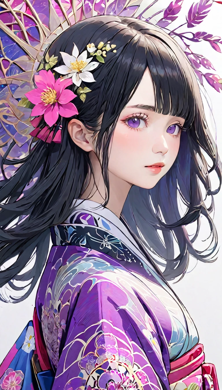(((White background、White world)))、22 years old、Unity 8k wallpaper、Super detailed、Beautiful and aesthetic、masterpiece、Highest quality、(Tangle、Mandala、Tangle、Tangle)、(Fractal Art:1.3)、One Woman、Beautiful black hair、Bobcut、Japanese、Big pink、Purple kimono、Japanese...