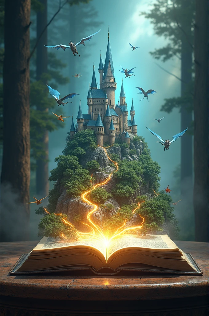"An open book on a table, with pages glowing as a fantasy world emerges. Imagine castles, dragons, and forests growing from the pages, blending reality with fantasy. The scene is vibrant with magical energy and detail."