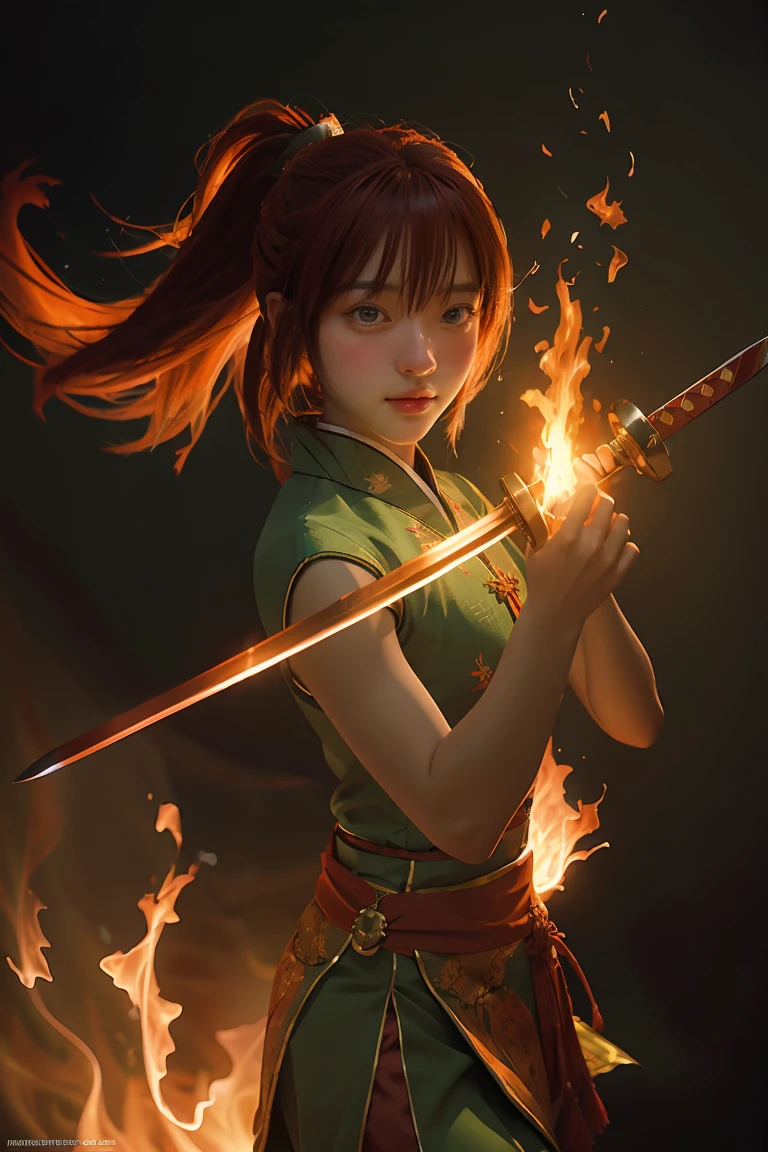 Fisheye lens with flames in background, Chinese girl dancing swords, dressed in Tang costume, a person, upward light, ray tracing, edge light, glow effect, exaggerated action, exaggerated perspective, orange, green, realistic ultra-fine rendering wind, super detail, blender, octanerending
