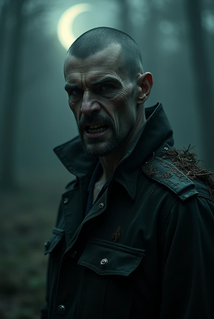 (photorealism:1.2), A man, 30 years,vampire, nosferate, sound, monstrous, ex military, underworld, at night