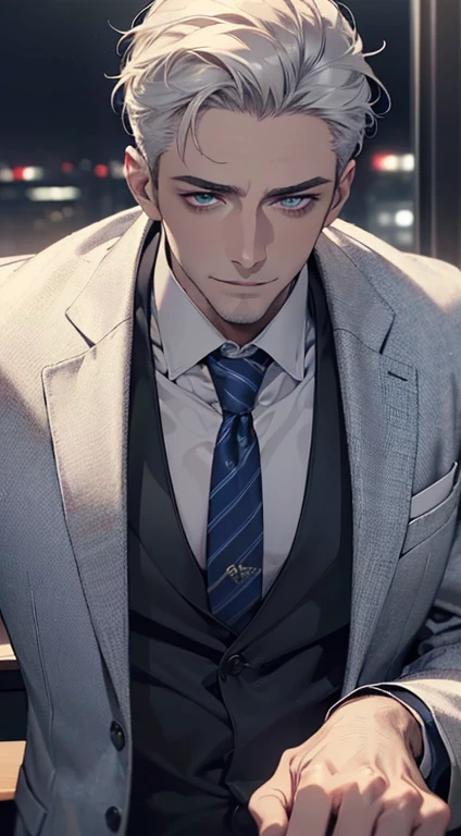 (best quality,4k,8k,highres,masterpiece:1.2),ultra-detailed,(realistic,photorealistic,photo-realistic:1.37),1 man,31 years old,mature man,very handsome,without expression,smile,short white hair,blue eyes,penetrating gaze,perfect face without errors,imposing posture,businessman,office background,cinematic lighting,hdr image