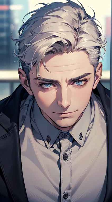 (best quality,4k,8k,highres,masterpiece:1.2),ultra-detailed,(realistic,photorealistic,photo-realistic:1.37),1 man,31 years old,mature man,very handsome,without expression,smile,short white hair,blue eyes,penetrating gaze,perfect face without errors,imposing posture,businessman,office background,cinematic lighting,hdr image