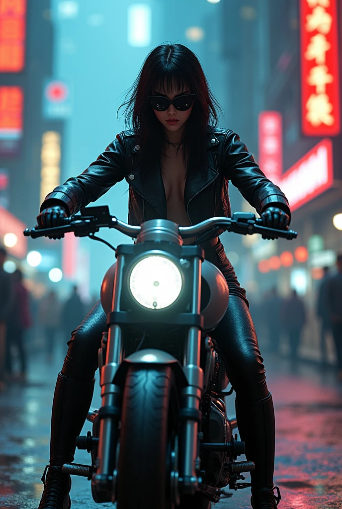 put on sunglasses,there is a terminator woman riding a motorcycle on a city street, badass anime 8 k, daniel maidman octane rendering, sitting on cyberpunk motorbike, unreal engine 4k wallpaper, octane. trending on artstation, motorcycle concept art, concept art octane render, octane cgsociety, unreal engine', 3 d octane render conceptart, james gurney cinematic lighting, beautiful and cinematic lighting