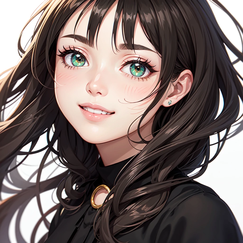 (Sticker),whitebackground,((in a circle)), Adult woman, Monica Bellucci's Face, straight hair, Long brown hair , Green eyes, ssmile, happy face, (Black blouse:1.3). dark outline, Flame in the background, Detailed drawing, Vectorized, 8K, Professional sticker design, Flat design, Vector lines, Sticker, Full-HD in white background