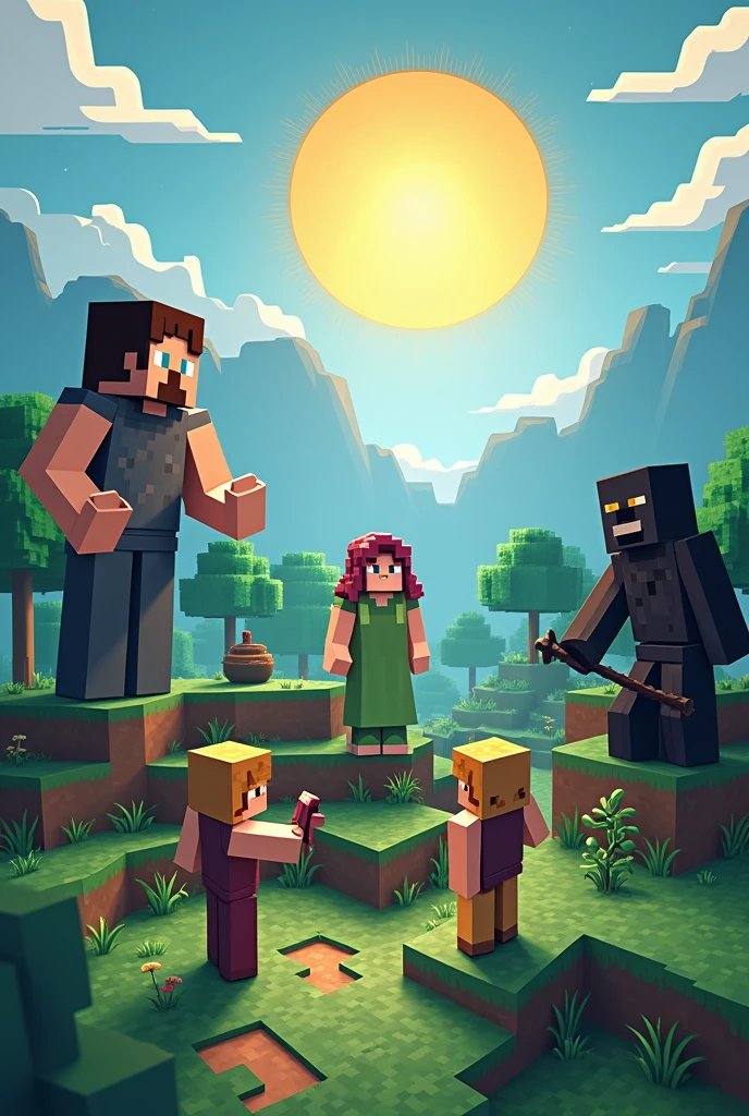 Create an image with characters that have Demeter, Eris, Ares, Pluto and Thanatos that are in the minecraft style and with the title written Sun Roleplay