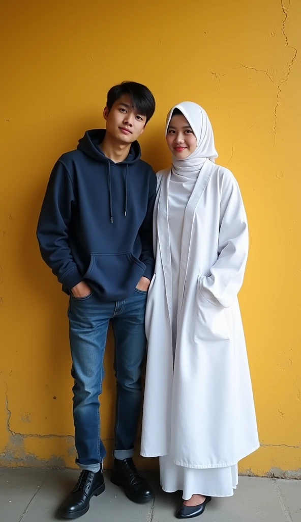 Ayonima selfie photo of a couple from Indonesia, 19 year old man, neat two block bangs, clean skin, full body, wearing a dark blue hoodie, jeans, black shoes and 19 year old Sundanese woman, clean skin, white triangular hijab, clothes White robe, standing next to a dark yellow textured wall, intricate details, 8k, real human, photography, Leica camera