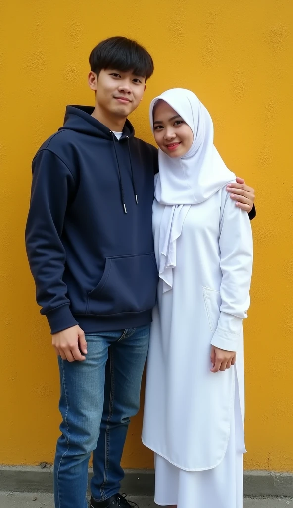 Ayonima selfie photo of a couple from Indonesia, 19 year old man, neat two block bangs, clean skin, full body, wearing a dark blue hoodie, jeans, black shoes and 19 year old Sundanese woman, clean skin, white triangular hijab, clothes White robe, standing next to a dark yellow textured wall, intricate details, 8k, real human, photography, Leica camera