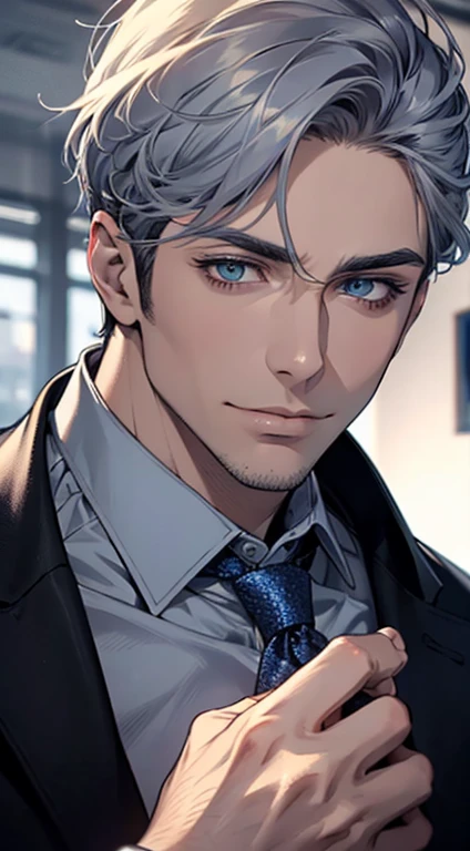 (best quality,4k,8k,highres,masterpiece:1.2),ultra-detailed,(realistic,photorealistic,photo-realistic:1.37),1 man,31 years old,mature man,very handsome,without expression,smile,short grey blue hair,blue eyes,penetrating gaze,perfect face without errors,imposing posture,businessman,office background,cinematic lighting,hdr image