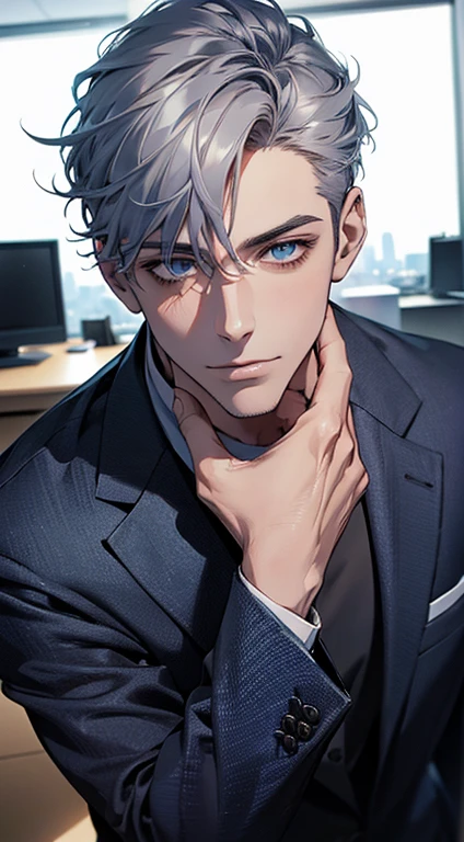 (best quality,4k,8k,highres,masterpiece:1.2),ultra-detailed,(realistic,photorealistic,photo-realistic:1.37),1 man,31 years old,mature man,very handsome,without expression,smile,short grey blue hair,blue eyes,penetrating gaze,perfect face without errors,imposing posture,businessman,office background,cinematic lighting,hdr image