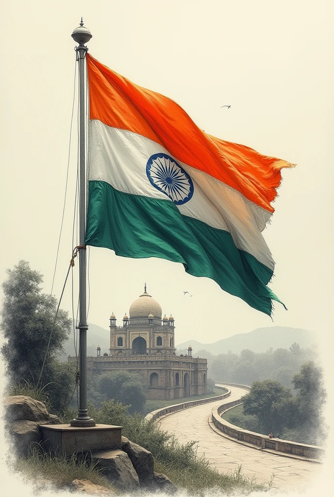 Creative Sketch of indian flag bringing out the meaning of Freedom, ultra realistic historical scenery in background