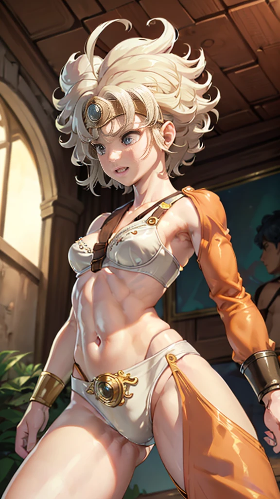 One Girl、High resolution、masterpiece、Arena \(DQ4\)、Orange Hair、Slender、Muscular、low length、Laughter、(((A sexy bra with delicate embellishments、Small white panties with detailed trim)))、Thin thighs、Focus on the thighs、Combat Action、quick kick、Combat Action、Fighting with your feet、Dance action