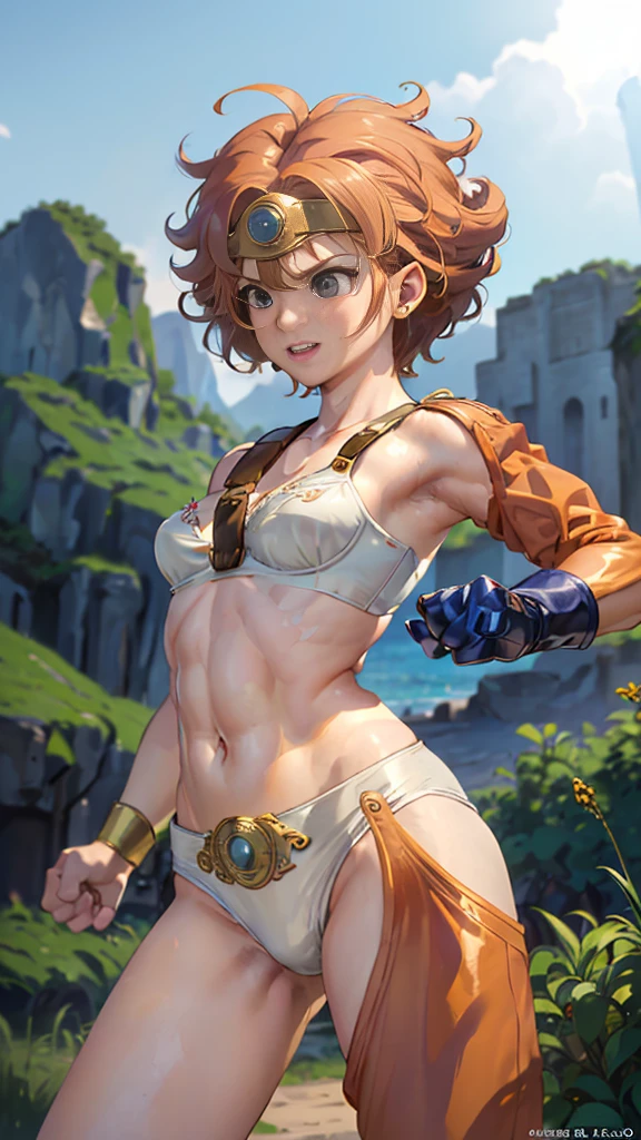 (((masterpiece))), high resolution, high detailed, 8k, very muscular gorgeous ("Kiernan Shipka"), very short pixie style blonde hair, dark thick eyebrows, wet shiny skin, (small breasts:1.4), flatchest, very muscular arms, chubby belly, very voluptuous huge hips,  very toned muscular thighs, bottomless, undressed, unclothed, hot sand desert, wastland