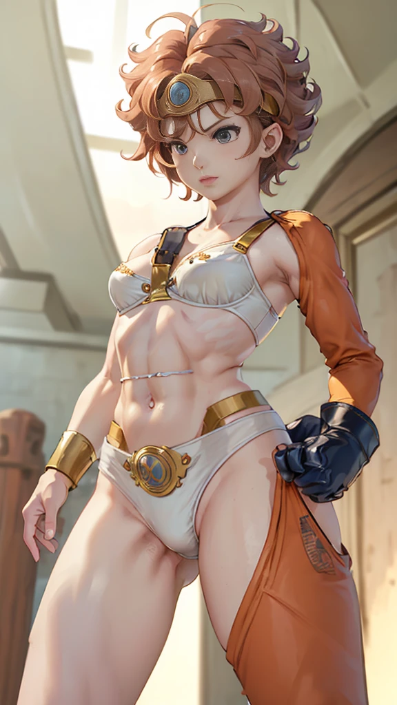 One Girl、High resolution、masterpiece、Arena \(DQ4\)、Orange Hair、Slender、Muscular、low length、Laughter、(((A sexy bra with delicate embellishments、Small white panties with detailed trim)))、Thin thighs、Focus on the thighs、Combat Action、quick kick、Combat Action、Fighting with your feet、Dance action