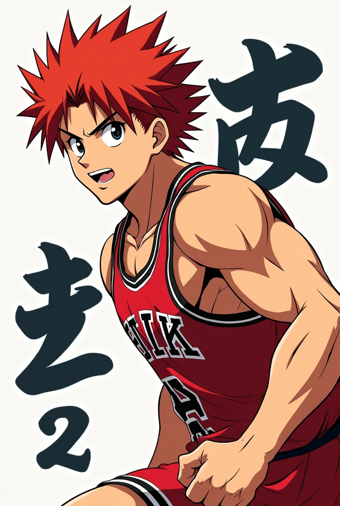 A horizontal image of the protagonist of Slam Dunk, Eiun, with the kanji for dribbling, with red hair, and a large, mature face.