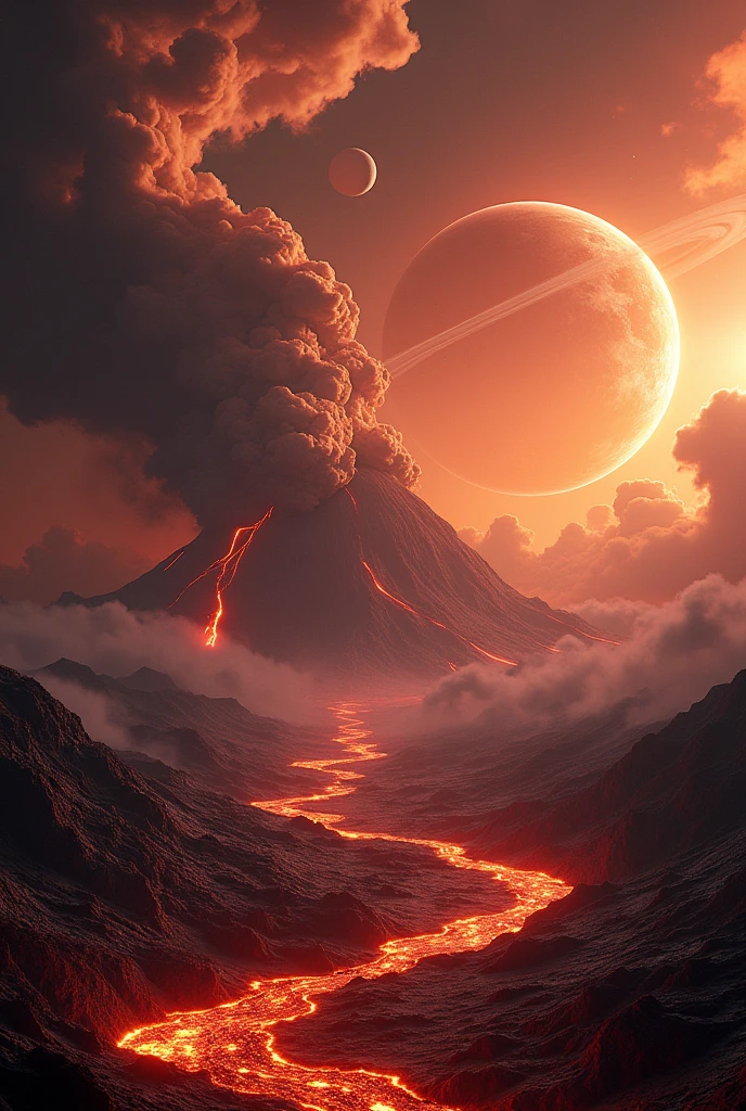 Volcanic planet with rings in its solar system in the background