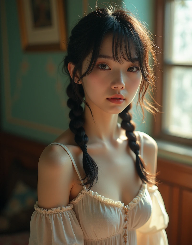 real photograph, (Top image quality, 8K, masterpiece), top-quality, 超A high resolution,Japan Girl, 18year old, pretty face, loose blouse and spread your legs、 kawaii faces, Melancholy look, double eyelid、big breasts: 1.4、Twin braid hairstyle、Fairytale room、Movie Lighting, Photorealsitic, real looking skin, nffsw, 35 mm, Shot with Leica,