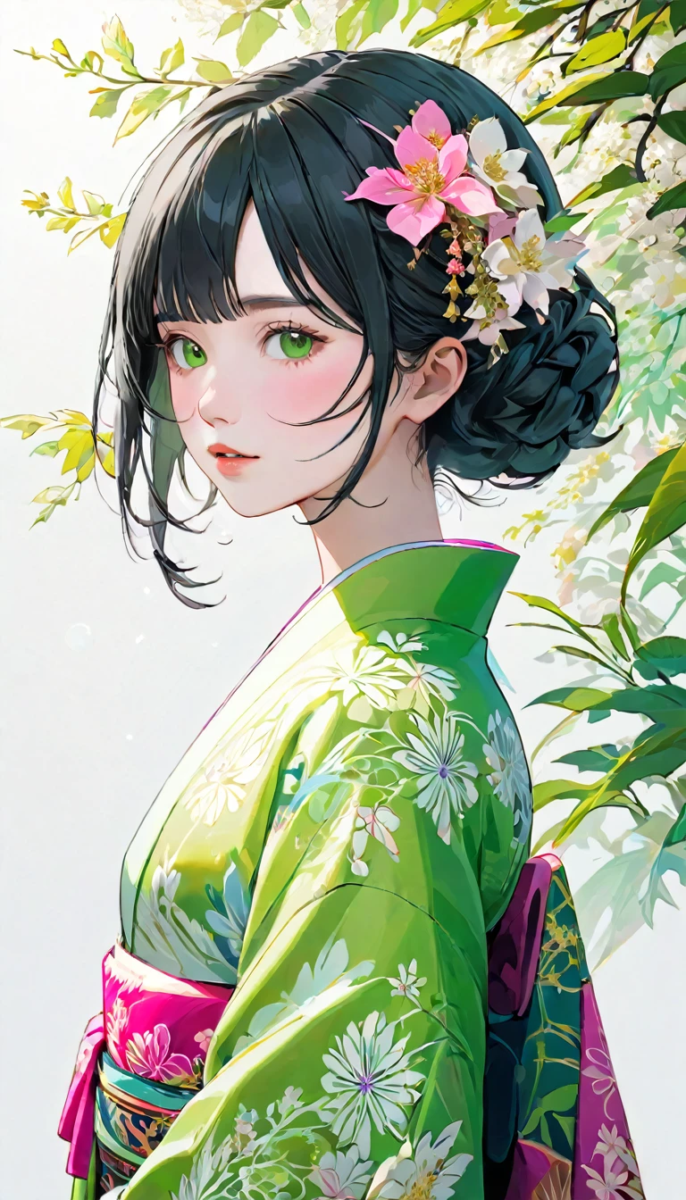 (((White background、White world)))、22 years old、Unity 8k wallpaper、Super detailed、Beautiful and aesthetic、masterpiece、Highest quality、(Tangle、Mandala、Tangle、Tangle)、(Fractal Art:1.3)、One Woman、Beautiful black hair、Bobcut、Japanese、Big pink、Green kimono、Japanese...