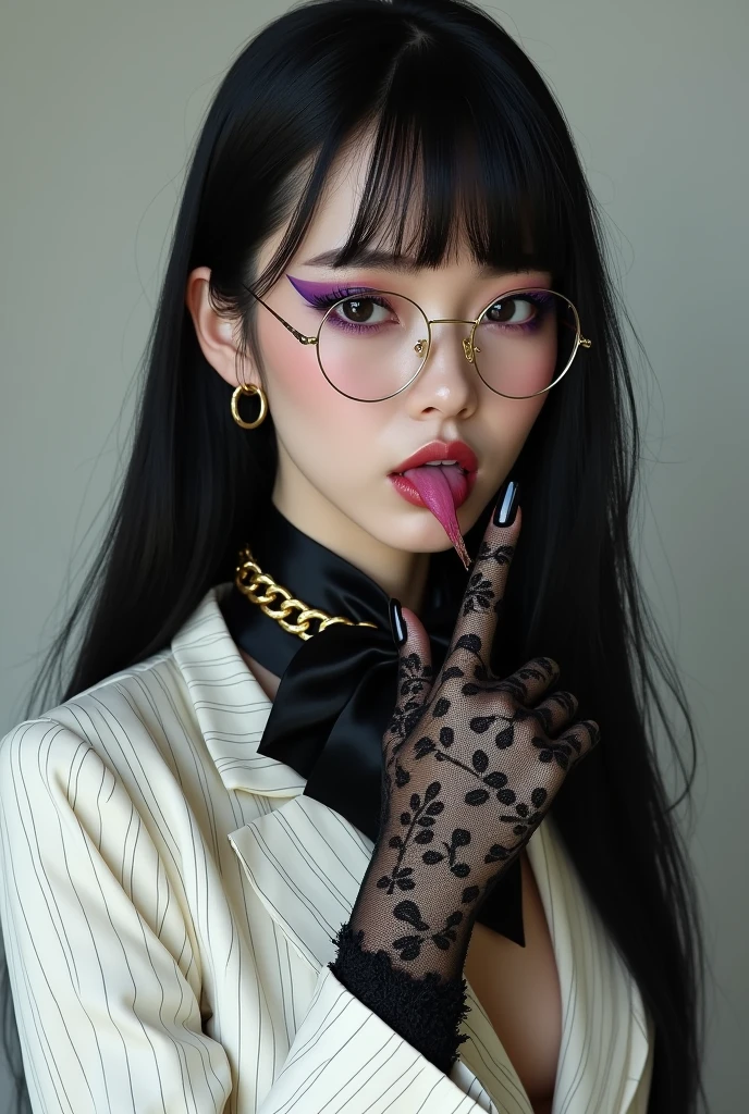 Black hair long straight、Heavy makeup and purple eyeshadow、Dark eyeliner、Around her neck she wears a ribbon-shaped satin black and gold chain patterned scarf.、Wearing gold-rimmed glasses、Wearing long gloves made of black rose lace、A Japanese woman in her 40s wearing a striped white suit is licking her fingers obscenely with her tongue