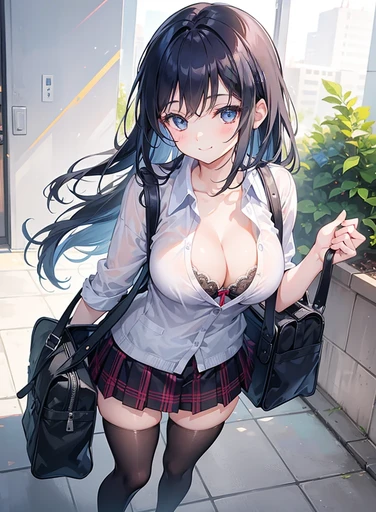 one person's, cute, The button is off, Cleavage, school bag, Looking at the audience, Put your hands in your hair, feet, smile、Completely naked、Nipples、Large Breasts