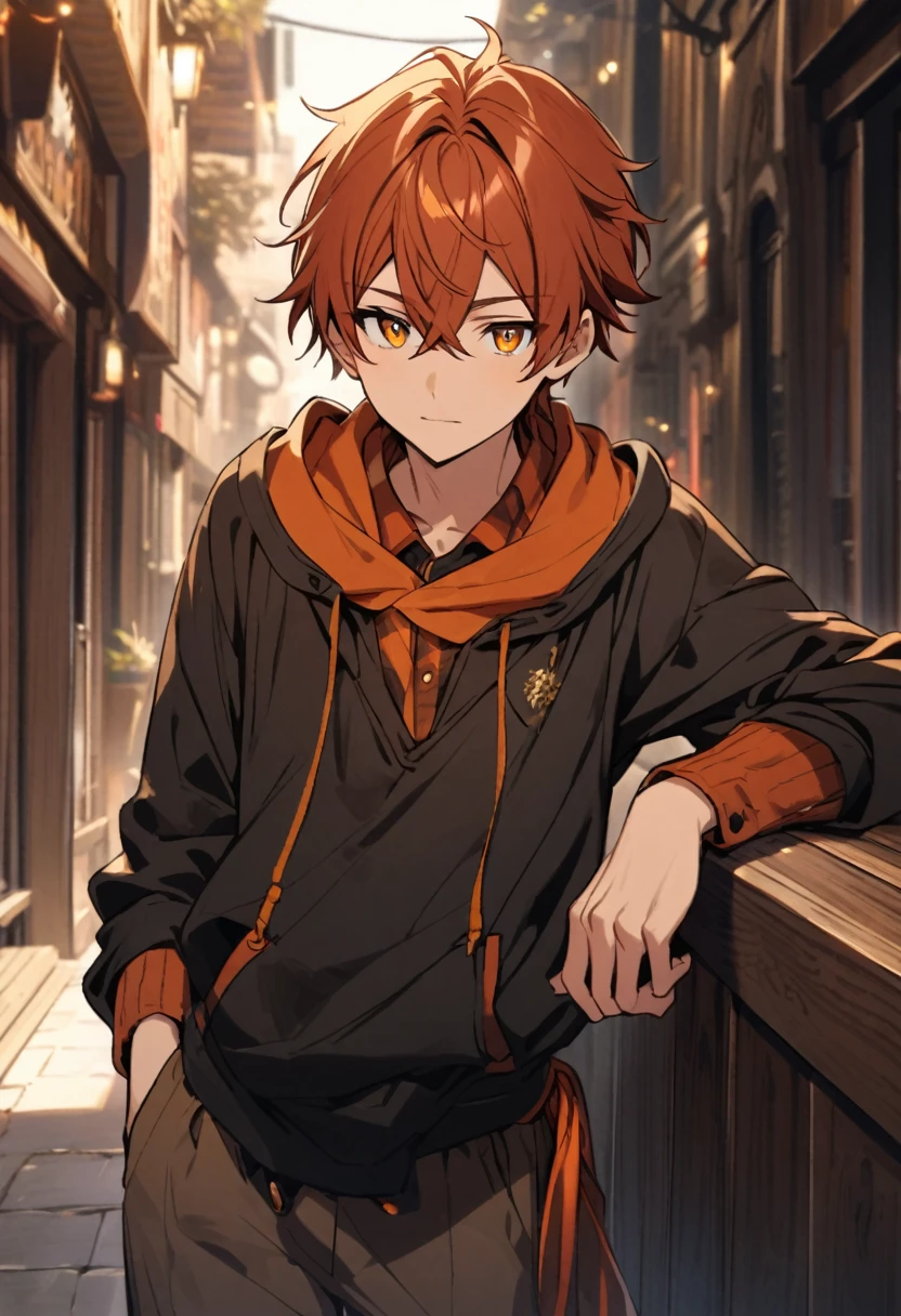 A young and handsome boy with orange-red hair and amber-colored eyes. Dressed in comfortable clothes.