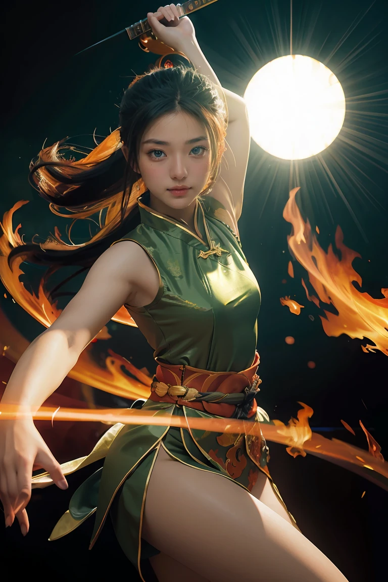 Fisheye lens with flames in background, Chinese girl dancing swords, dressed in Tang costume, a person, upward light, ray tracing, edge light, glow effect, exaggerated action, exaggerated perspective, orange, green, realistic ultra-fine rendering wind, super detail, blender, octanerending