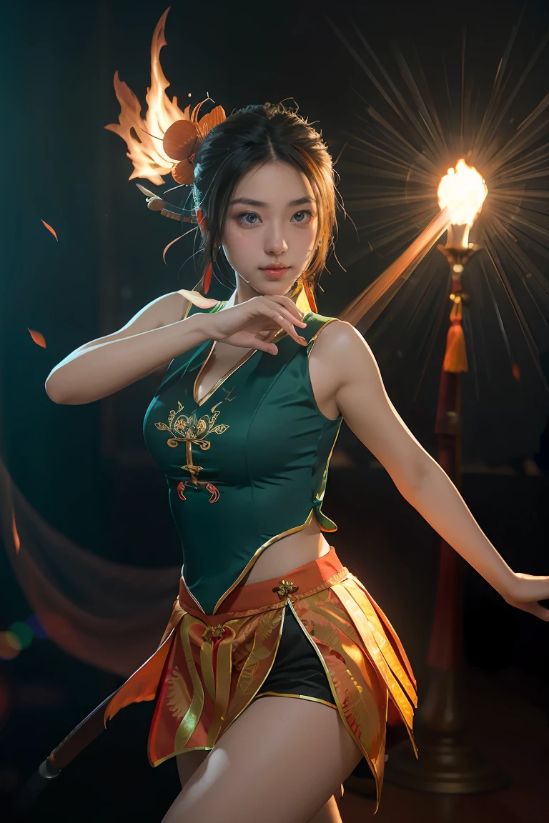 Fisheye lens with flames in background, Chinese girl dancing swords, dressed in Tang costume, a person, upward light, ray tracing, edge light, glow effect, exaggerated action, exaggerated perspective, orange, green, realistic ultra-fine rendering wind, super detail, blender, octanerending