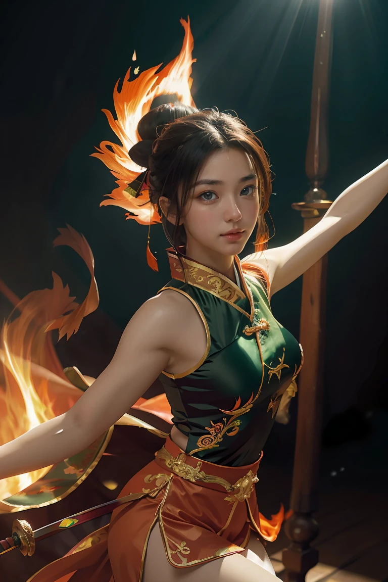 Fisheye lens with flames in background, Chinese girl dancing swords, dressed in Tang costume, a person, upward light, ray tracing, edge light, glow effect, exaggerated action, exaggerated perspective, orange, green, realistic ultra-fine rendering wind, super detail, blender, octanerending