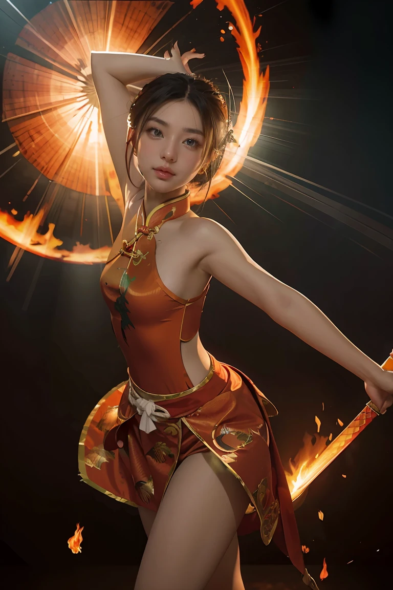 Fisheye lens with flames in background, Chinese girl dancing swords, dressed in Tang costume, a person, upward light, ray tracing, edge light, glow effect, exaggerated action, exaggerated perspective, orange, green, realistic ultra-fine rendering wind, super detail, blender, octanerending