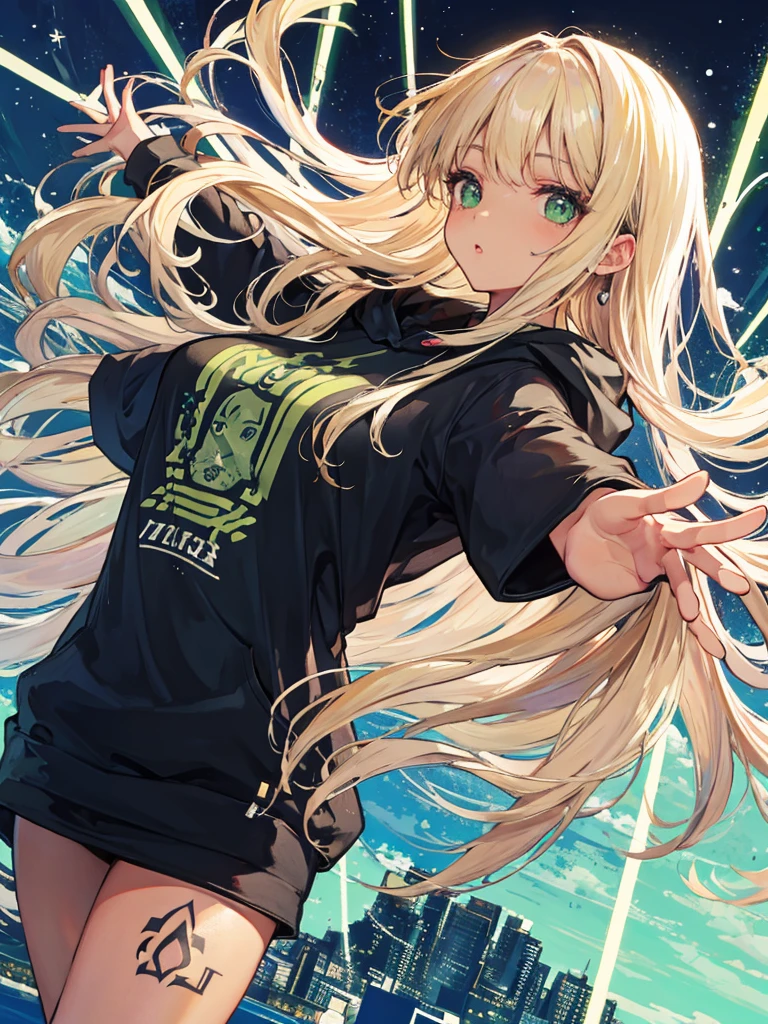 hight resolution, top-quality, ultra-quality, The ultra-detailliert, lighting like a movie. Beautiful expression, open arms, Brown skin, Black skin, Black skin, a blond, blonde hair long hair, green inner hair, Lots of hair. Arms outstretched. Long T-shirt, Hooded hoodie. The tattoo, in a real town. Realistic cityscape