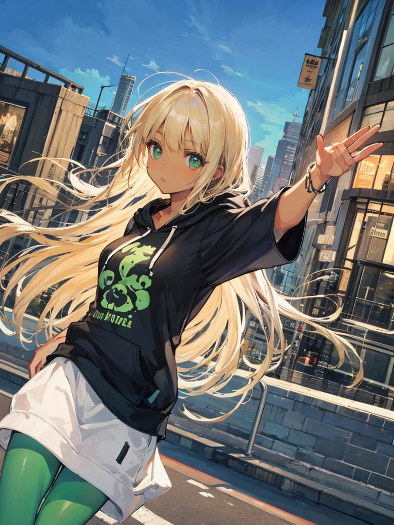 hight resolution, top-quality, ultra-quality, The ultra-detailliert, lighting like a movie. Beautiful expression, open arms, Brown skin, Black skin, Black skin, a blond, blonde hair long hair, green inner hair, Lots of hair. Arms outstretched. Long T-shirt, Hooded hoodie. The tattoo, in a real town. Realistic cityscape