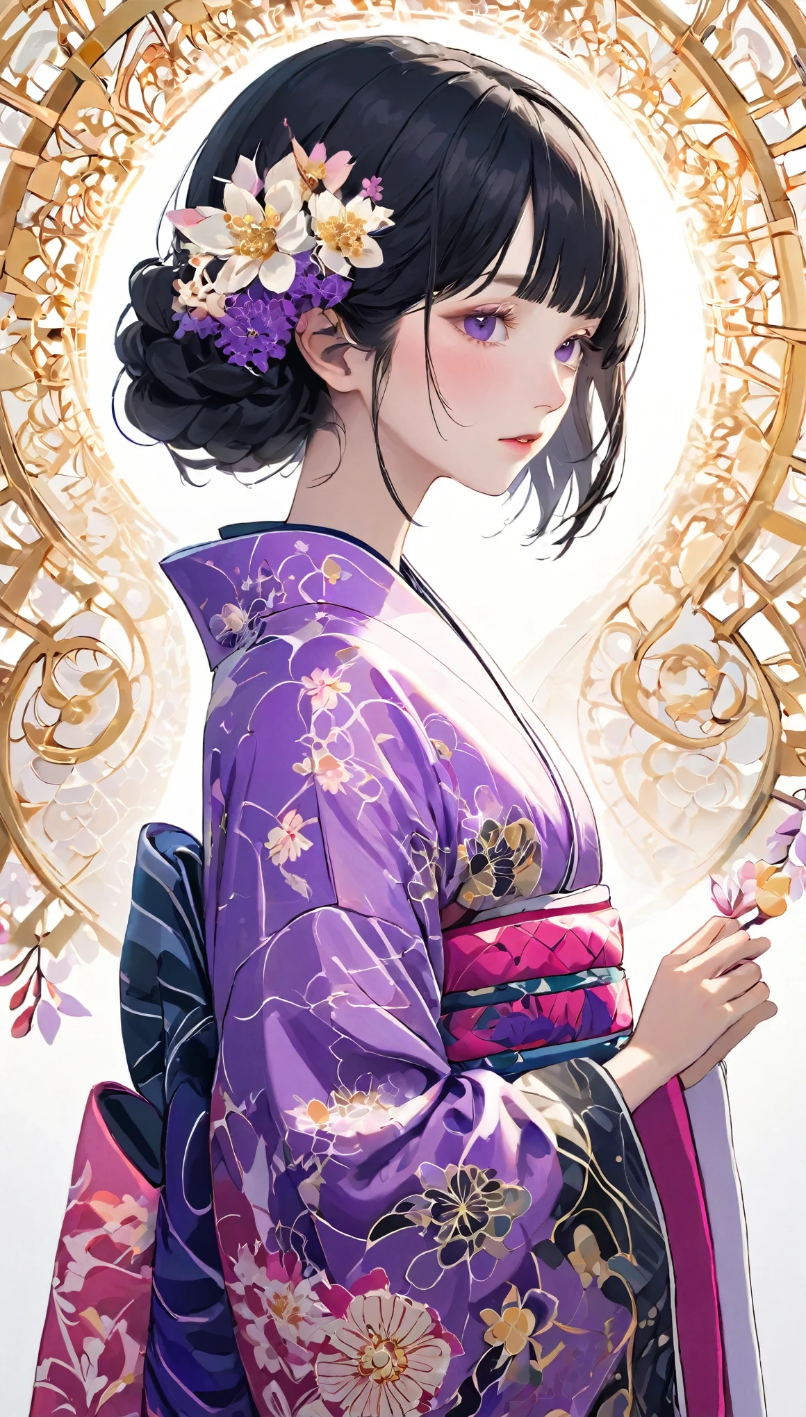 (((White background、White world)))、22 years old、Unity 8k wallpaper、Super detailed、Beautiful and aesthetic、masterpiece、Highest quality、(Tangle、Mandala、Tangle、Tangle)、(Fractal Art:1.3)、One Woman、Beautiful black hair、Bobcut、Japanese、Big pink、Purple kimono、Japanese...