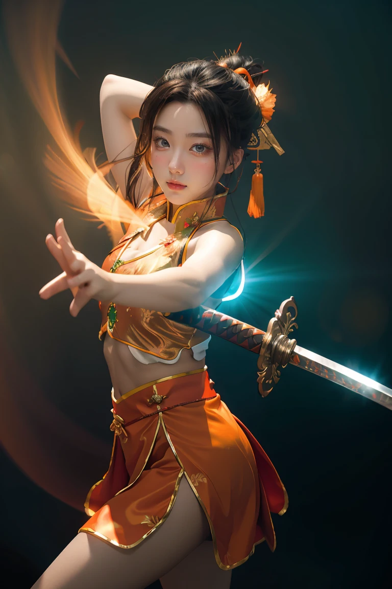 Fisheye lens with flames in background, Chinese girl dancing swords, dressed in Tang costume, a person, upward light, ray tracing, edge light, glow effect, exaggerated action, exaggerated perspective, orange, green, realistic ultra-fine rendering wind, super detail, blender, octanerending