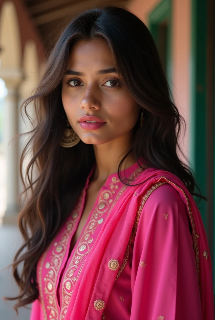 18 year old indian girl who is from the village and is wearing a pink salwar suit and pind lipstick and long hair modal