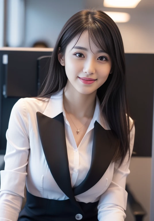 (Highly detailed CG Unity 8K wallpapers, Highest quality, Very detailed, Looking at the camera:1.2, The light shines on your face:1.5, Gray background, Professional Lighting), Upper Body, 20-year-old Japanese female paralegal. Hair length is medium, dark, Back to practical style; Oval face and well-defined eyebrows, Intelligent almond-shaped eyes, Straight nose, and a gentle tone. Outfit includes a tailored blazer, Crisp white shirt, discreet pendant necklace, It symbolizes her efficient and focused personality., front, Mid Shot, smile, mini skirt, pantyhose, High heels, Perfect beauty, office worker, ((Perfect beauty)), Slim legs,