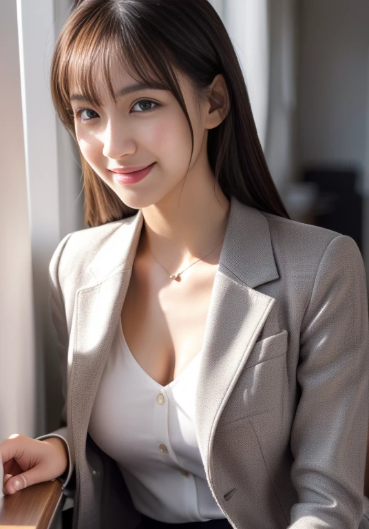 (Highly detailed CG Unity 8K wallpapers, Highest quality, Very detailed, Looking at the camera:1.2, The light shines on your face:1.5, Gray background, Professional Lighting), Upper Body, 20-year-old Japanese female paralegal. Hair length is medium, dark, Back to practical style; Oval face and well-defined eyebrows, Intelligent almond-shaped eyes, Straight nose, and a gentle tone. Outfit includes a tailored blazer, Crisp white shirt, discreet pendant necklace, It symbolizes her efficient and focused personality., front, Mid Shot, smile, mini skirt, pantyhose, High heels, Perfect beauty, office worker, ((Perfect beauty)), Slim legs,