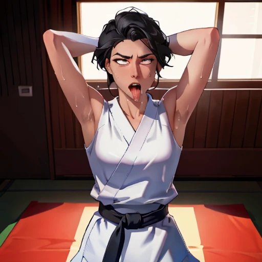 ((((masterpiece, best quality, high resolution)))), Extremely detailed 8K, 1 female, wearing a white Karate gi, (ahegao),white eyes, Small breasts, sash, japanese clothes, No underwear,No eyeballs, Facing the audience, looking at the audience, tired, from below, (Exposed armpit:1.1), ((armpit:1.2)), sexy, Sweating, More and more sweat,(ahegao), (Roll your eyes), open mouth, Sticking out tongue, saliva, Slobber,Skinny, raise arms, (arms above head:1.5)(Ultra HD, Ultra-detailed, Highly detailed, Highly realistic, Ultra-realistic, photograph realistic), (1girl:1.5), (Realistic black hair), (dynamic poses), facing at camera, looking at viewer, (slightly serious face), (perky breasts:1.2), (beautiful detailed face, beautiful detailed eyes), ((worn out karate gi)), (preparing for a fight), sweat, glow, (sunbeam, sunlight), ((cowboy shot)), inside a training gym, seductive, EnvyBetterHands LoCon,