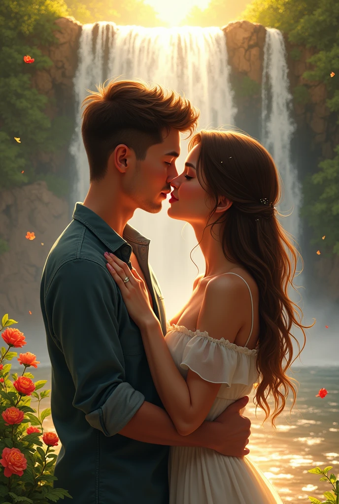 ((masterpiece)), ((best quality)), A picturesque moment of a young couple in love, a beautiful girl and a handsome boy, sharing a kiss by a stunning waterfall. The scene is bathed in warm, golden sunlight, with the water shimmering as it cascades down the rocks. The surrounding landscape is filled with vibrant green foliage and blooming flowers, adding to the peaceful and romantic ambiance. The couple is positioned close together, their connection highlighted by the serene beauty of nature around them, close-up shot