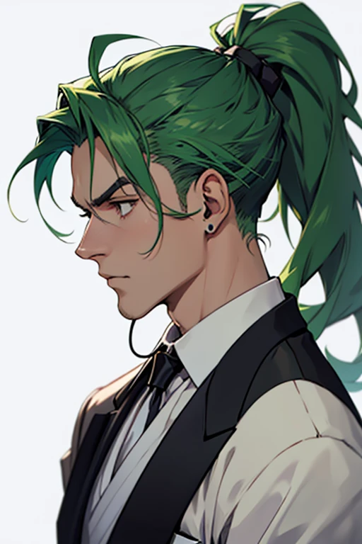 Green hair combed back、ponytail、Man wearing headphones、Black suit with white ruffle around neck、