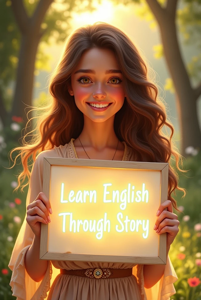 Beautiful girl with heart-warming smile and wavy long hair, bohemian dress, holding a white board with text "learn English Through Story" and showing it to the viewer, the board is glowing with a the text,Different quality girl.