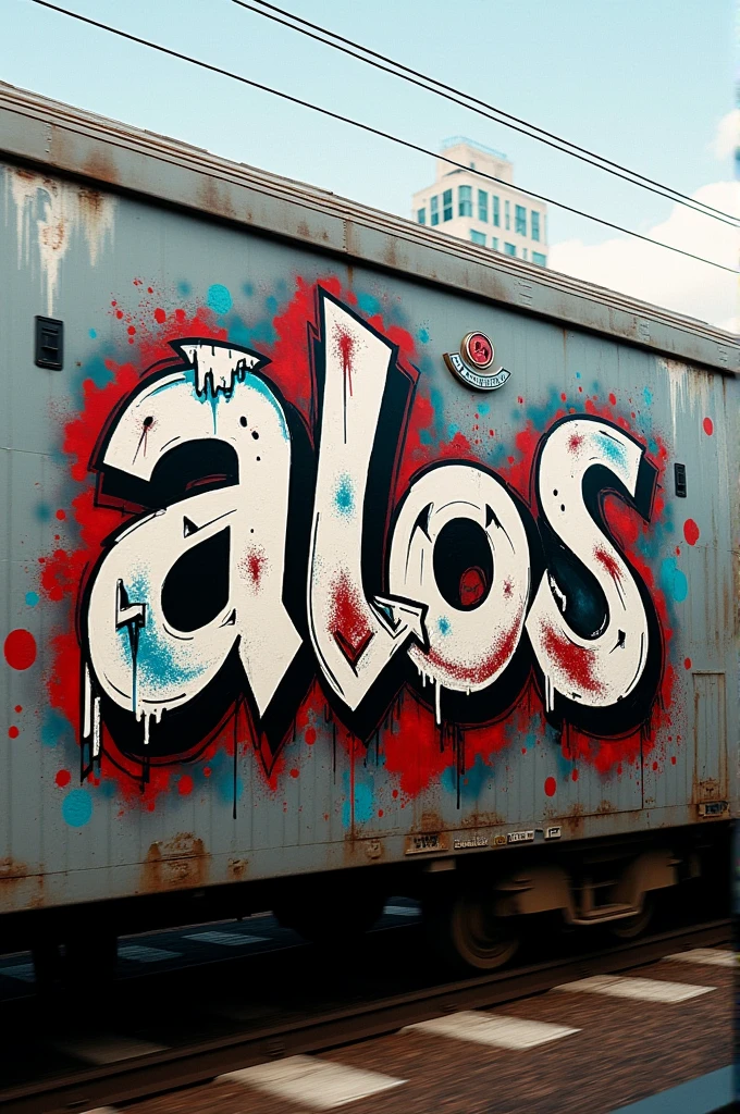 Graffiti that says "alos" with letters different from normal, on a train